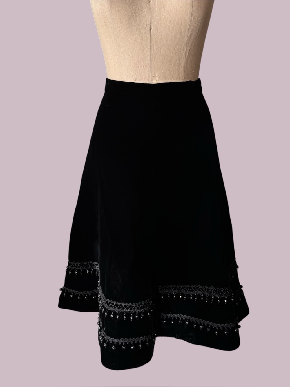 Vintage 90s Black Velvet Beaded High Waisted Midi Skirt